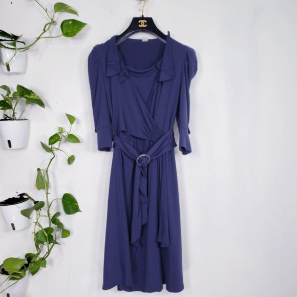 Womens Dress Navy Medium Knit Puff Belted Wrap Party Cocktail Blue Authentic‎ - Picture 1 of 14